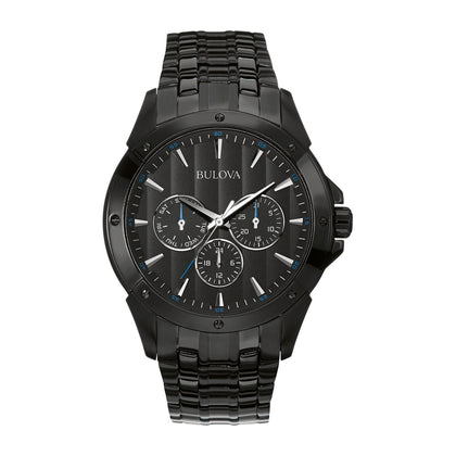 Bulova Reloj clásico de cuarzo para hombre, 6 manecillas, multifunción, día/fecha, esfera negra estampada