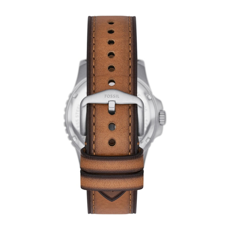 Reloj de pulsera Fossil para hombre, diseño acero inoxidable con correa de cuero marrón y resistencia al agua