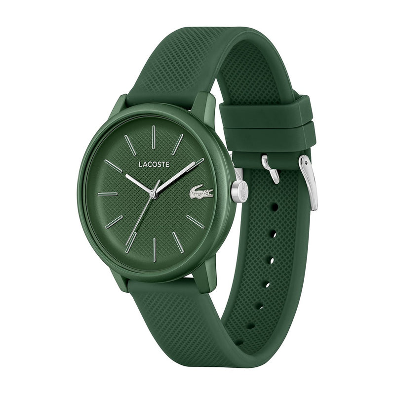 Reloj de cuarzo Lacoste 12.12 Move para hombre con caja de aluminio verde y correa de silicona, diseño monocromático