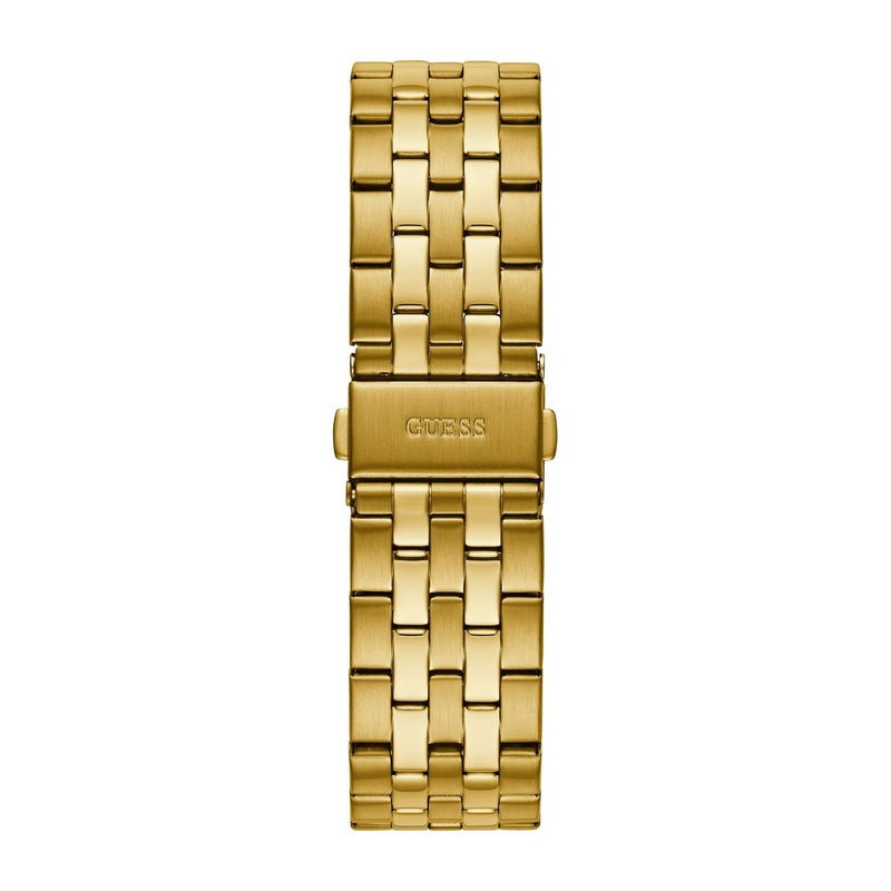 Reloj de pulsera multifunción GUESS para hombre, acero inoxidable dorado con detalles negros, pantalla analógica y calendario