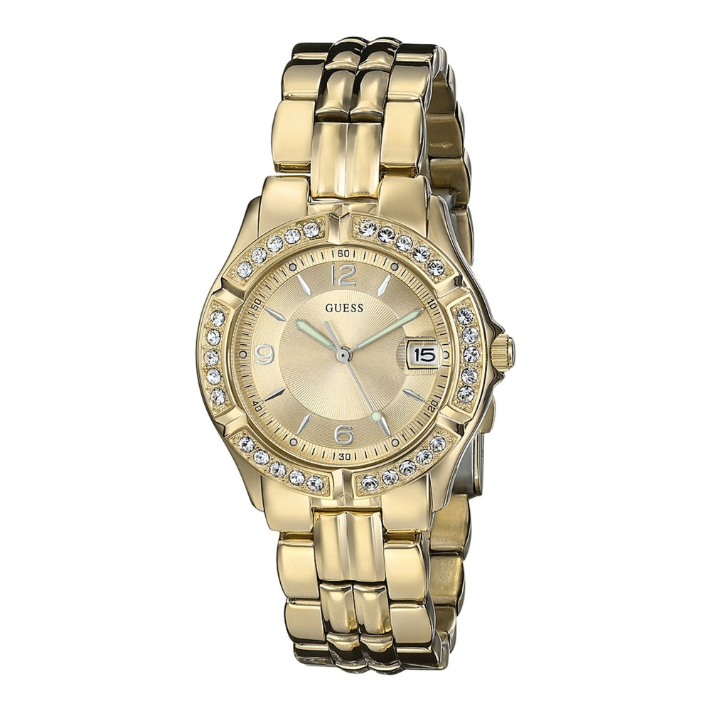 Reloj de pulsera GUESS dorado para mujer con brazalete de acero inoxidable y detalles de cristal, resistente al agua, modelo U85110L1