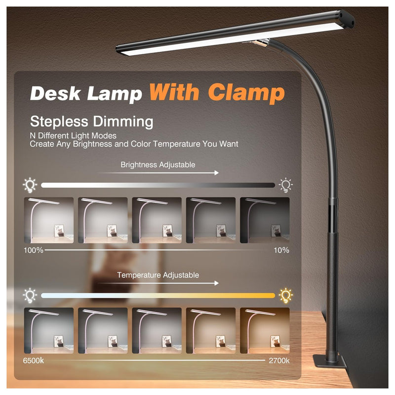 Lámpara de escritorio LED con atenuación continua, cuello de cisne ajustable y adaptador USB de 10W