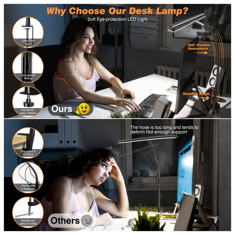 Lámpara de escritorio LED con atenuación continua, cuello de cisne ajustable y adaptador USB de 10W