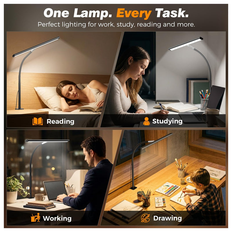 Lámpara de escritorio LED con atenuación continua, cuello de cisne ajustable y adaptador USB de 10W