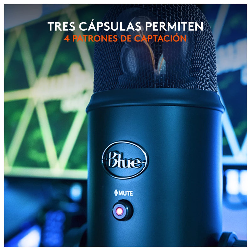 Micrófono USB Blue Yeti para PC y Mac, con 3 cápsulas de condensador, 4 patrones de captación