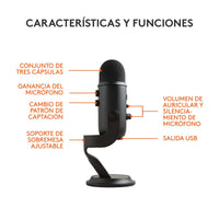 Micrófono USB Blue Yeti para PC y Mac, con 3 cápsulas de condensador, 4 patrones de captación