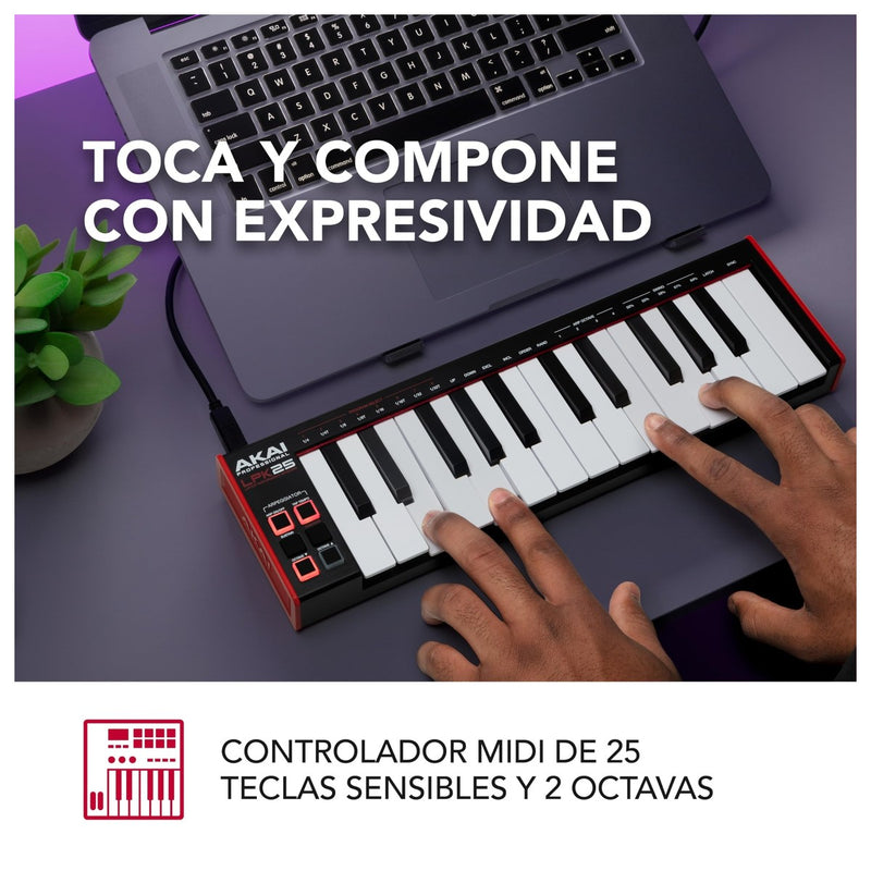 AKAI Profesional LPK25 - Controlador de teclado MIDI USB con 25 teclas sensibles para Mac y PC, arpegiador y software musicale