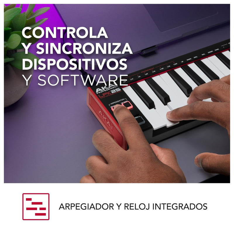 AKAI Profesional LPK25 - Controlador de teclado MIDI USB con 25 teclas sensibles para Mac y PC, arpegiador y software musicale