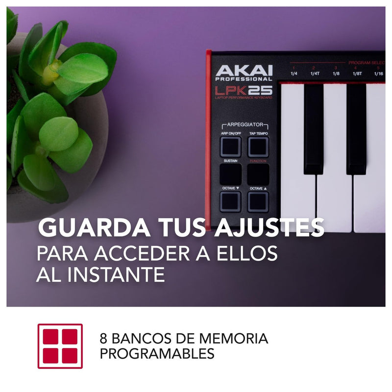 AKAI Profesional LPK25 - Controlador de teclado MIDI USB con 25 teclas sensibles para Mac y PC, arpegiador y software musicale