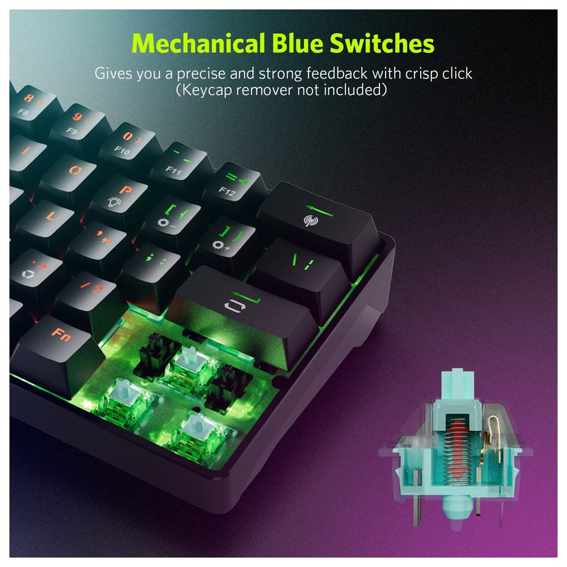 Teclado mecánico RGB inalámbrico y con cable de 61 teclas con interruptores azules, sonido de clic, para juegos.