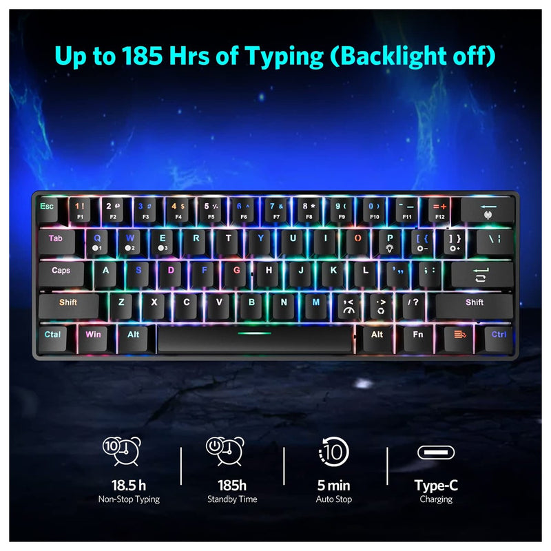 Teclado mecánico RGB inalámbrico y con cable de 61 teclas con interruptores azules, sonido de clic, para juegos.