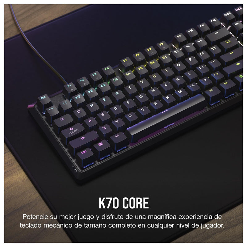 Teclado mecánico CORSAIR K70 CORE RGB para juegos, reposamanos, interruptores lineales rojos, control multimedia.