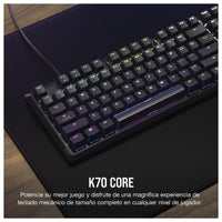 Teclado mecánico CORSAIR K70 CORE RGB para juegos, reposamanos, interruptores lineales rojos, control multimedia.