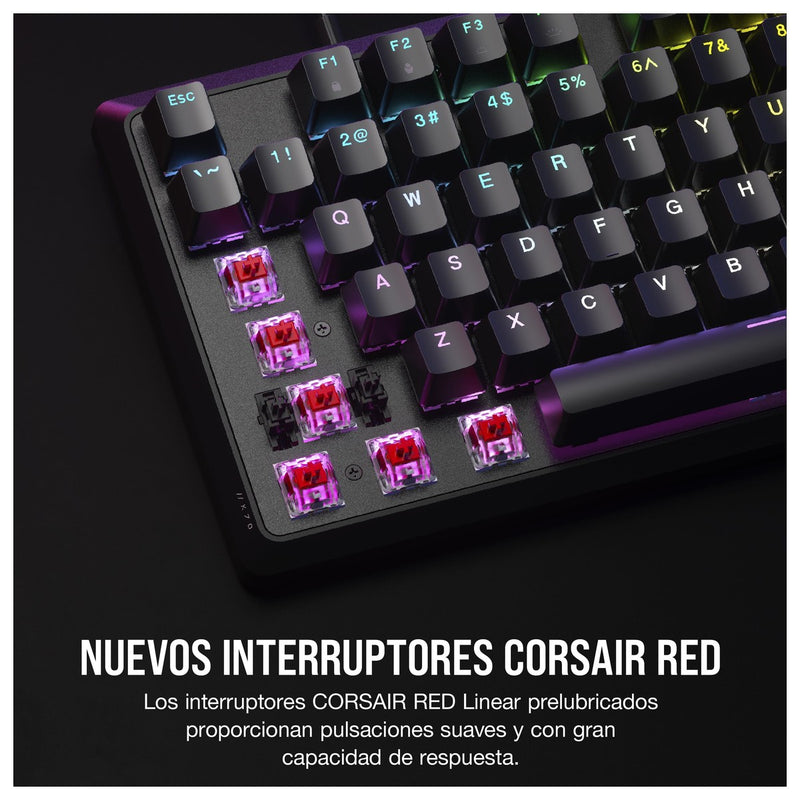 Teclado mecánico CORSAIR K70 CORE RGB para juegos, reposamanos, interruptores lineales rojos, control multimedia.