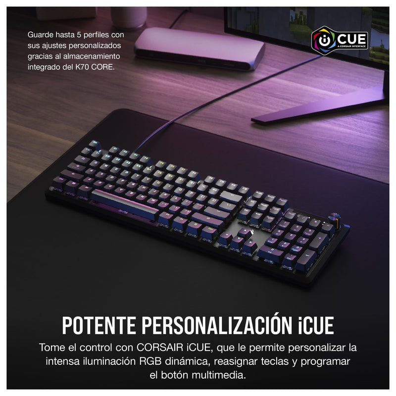 Teclado mecánico CORSAIR K70 CORE RGB para juegos, reposamanos, interruptores lineales rojos, control multimedia.