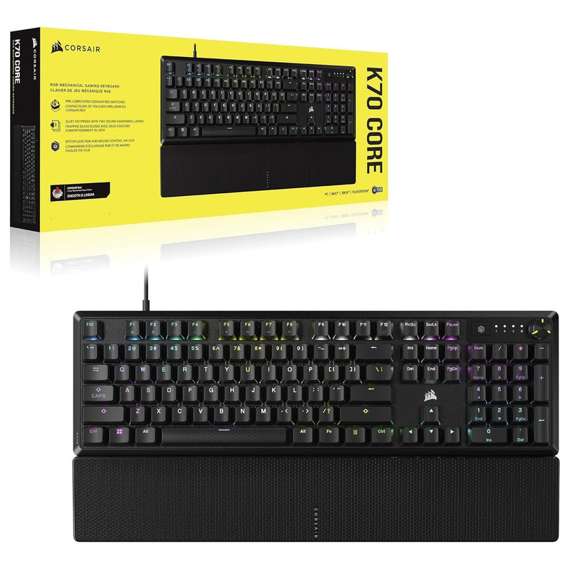 Teclado mecánico CORSAIR K70 CORE RGB para juegos, reposamanos, interruptores lineales rojos, control multimedia.