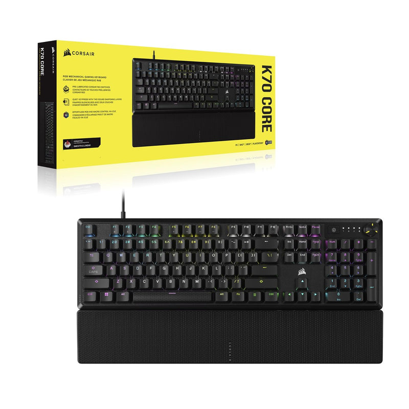Teclado mecánico CORSAIR K70 CORE RGB para juegos, reposamanos, interruptores lineales rojos, control multimedia.