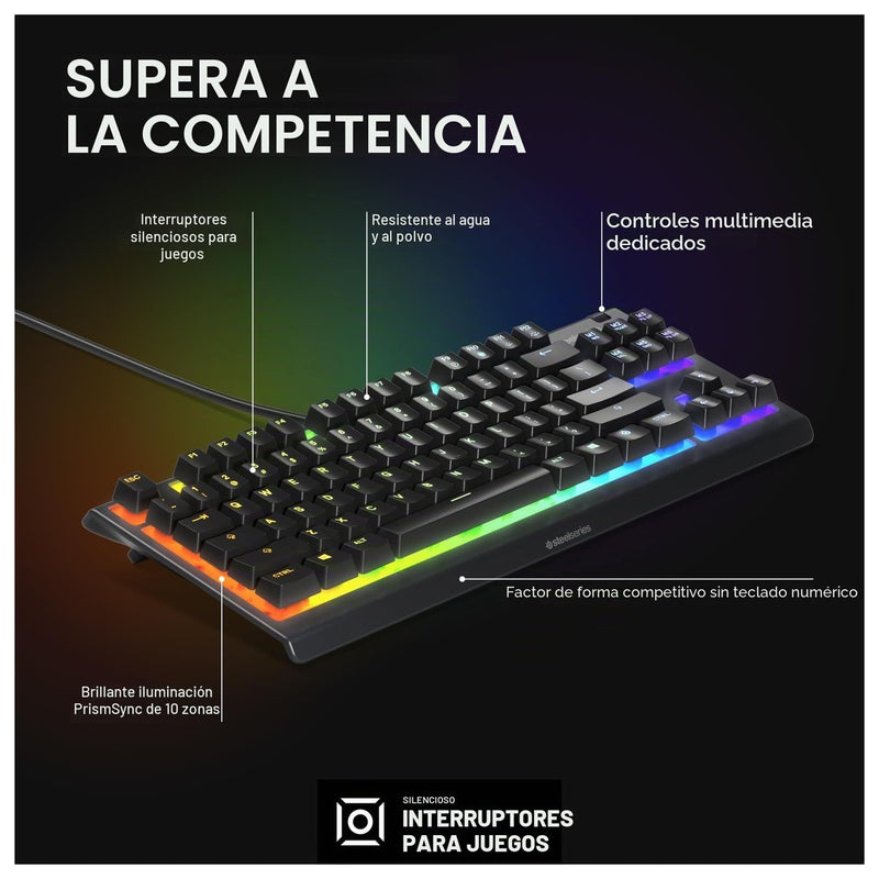 SteelSeries Apex 3 TKL RGB, teclado para juegos; compacto, iluminación RGB, resistente al agua y polvo, silencioso