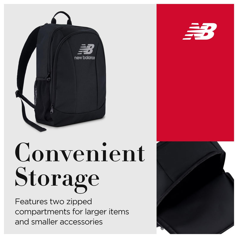 Mochila New Balance para laptop, ideal para viajes, con diseño elegante y múltiples compartimentos, color negro