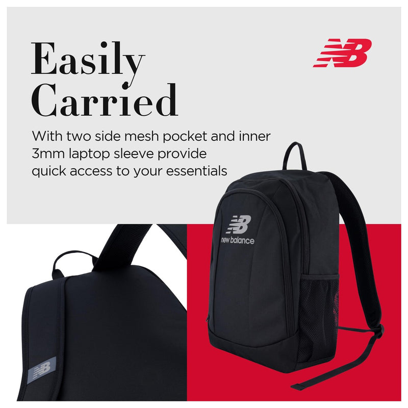 Mochila New Balance para laptop, ideal para viajes, con diseño elegante y múltiples compartimentos, color negro