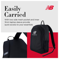 Mochila New Balance para laptop, ideal para viajes, con diseño elegante y múltiples compartimentos, color negro