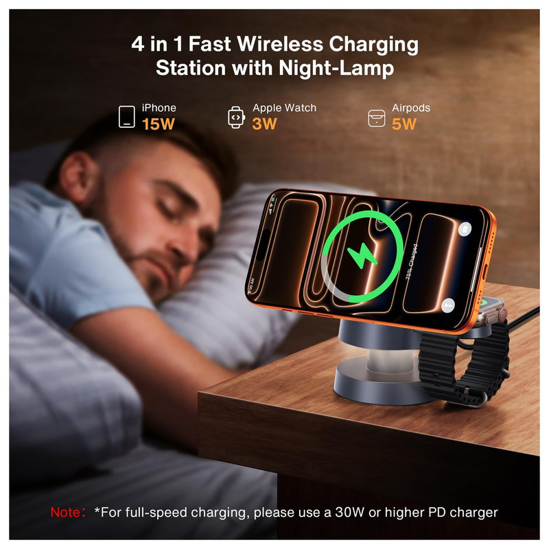 Estación de carga inalámbrica 4 en 1 iVANKY para iPhone 16 Pro Max, Apple iWatch, Airpods y lámpara nocturna