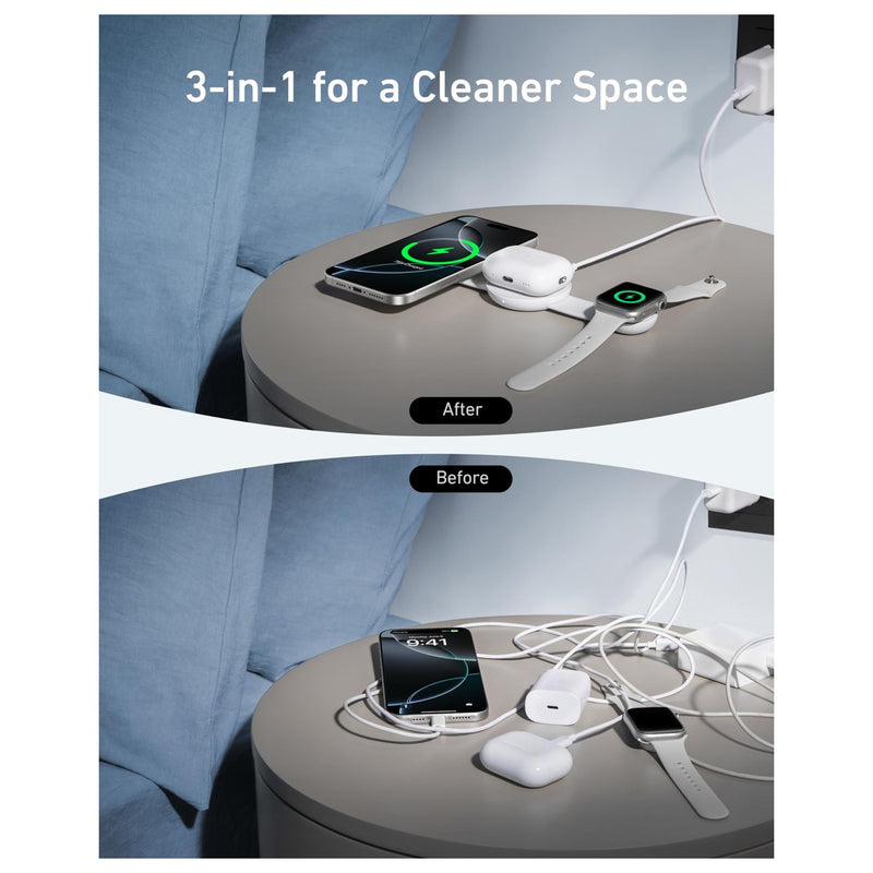 Anker MagSafe Cargador MagGo UFO 3 en 1 para iPhone, AirPods y Apple Watch, certificado Qi2, carga rápida de 15 W
