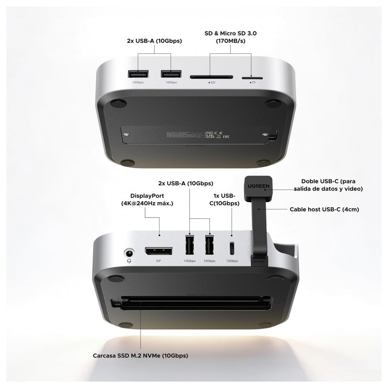 UGREEN Dock con Soporte DP Hub para Mac mini M4/M4 Pro 2024, SSD M.2 NVMe, Conectividad 10G, 4K, USB A/C, SD/TF, Audio