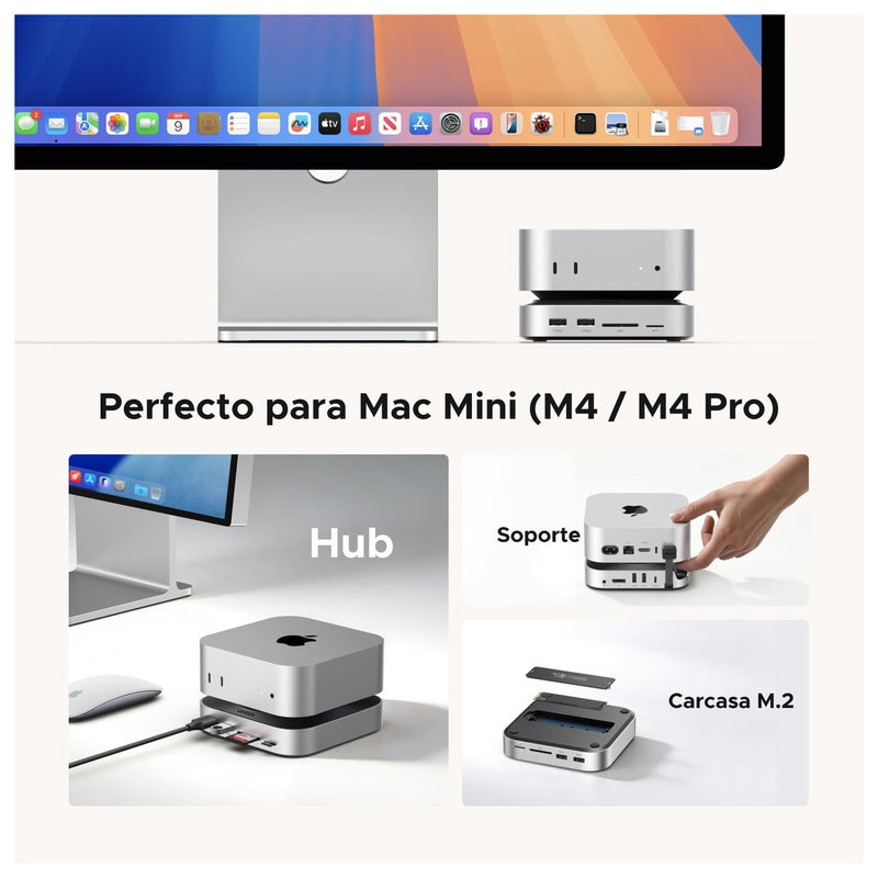 UGREEN Dock con Soporte DP Hub para Mac mini M4/M4 Pro 2024, SSD M.2 NVMe, Conectividad 10G, 4K, USB A/C, SD/TF, Audio