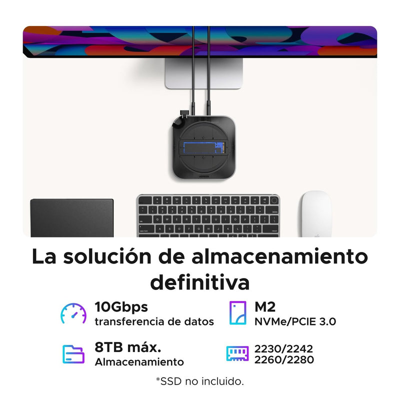 UGREEN Dock con Soporte DP Hub para Mac mini M4/M4 Pro 2024, SSD M.2 NVMe, Conectividad 10G, 4K, USB A/C, SD/TF, Audio