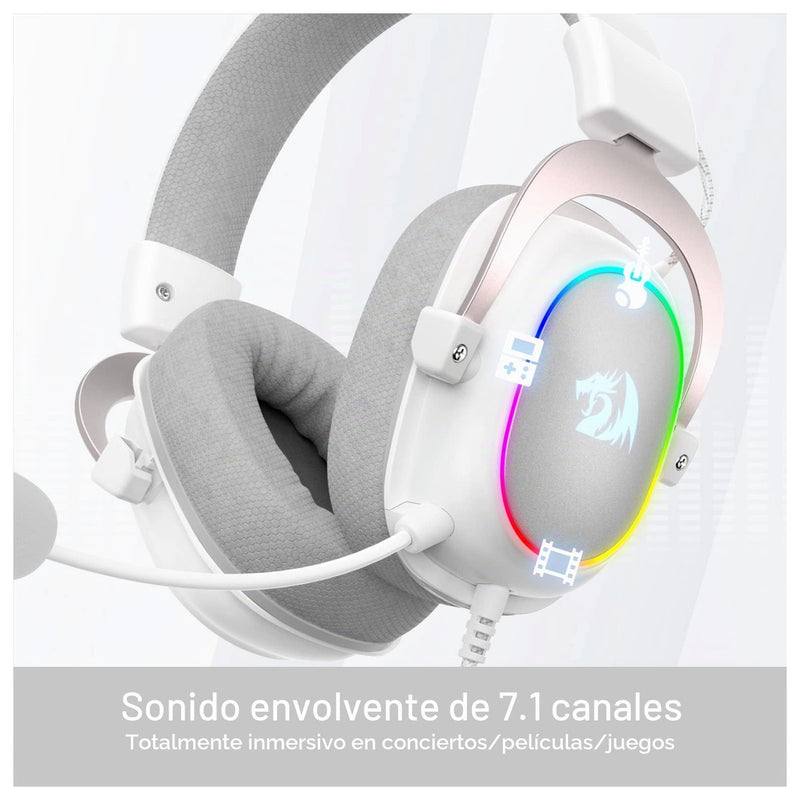Redragon H510 Zeus-X RGB Auriculares gaming Blanco con sonido 7.1, controladores de audio en almohadillas de espuma viscoelástica