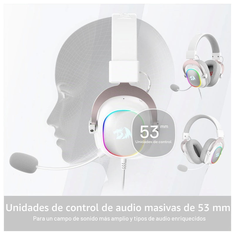 Redragon H510 Zeus-X RGB Auriculares gaming Blanco con sonido 7.1, controladores de audio en almohadillas de espuma viscoelástica