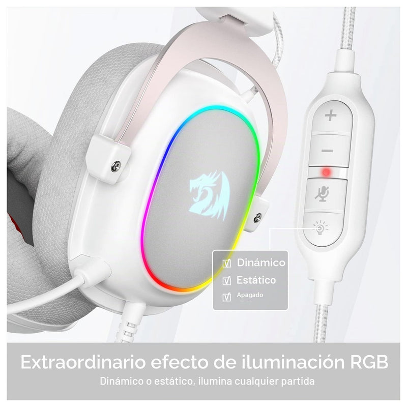 Redragon H510 Zeus-X RGB Auriculares gaming Blanco con sonido 7.1, controladores de audio en almohadillas de espuma viscoelástica