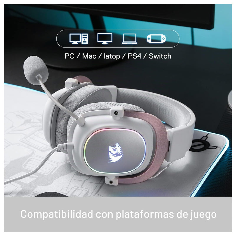 Redragon H510 Zeus-X RGB Auriculares gaming Blanco con sonido 7.1, controladores de audio en almohadillas de espuma viscoelástica