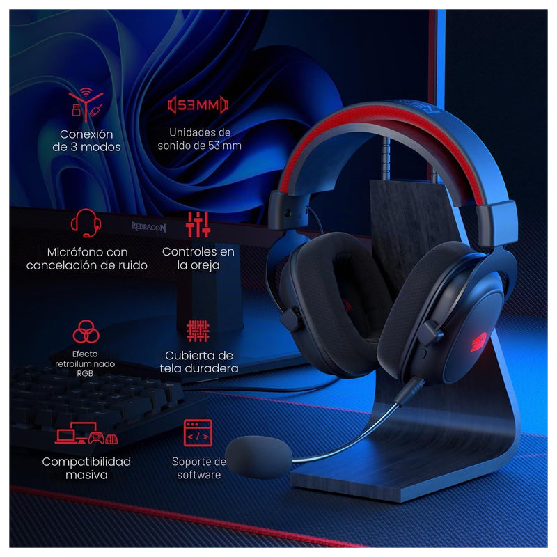 Redragon H510 PRO, auriculares gaming RGB 3 modos, sonido envolvente 7.1, controladores de audio de alta calidad, micrófono cancelación de ruido