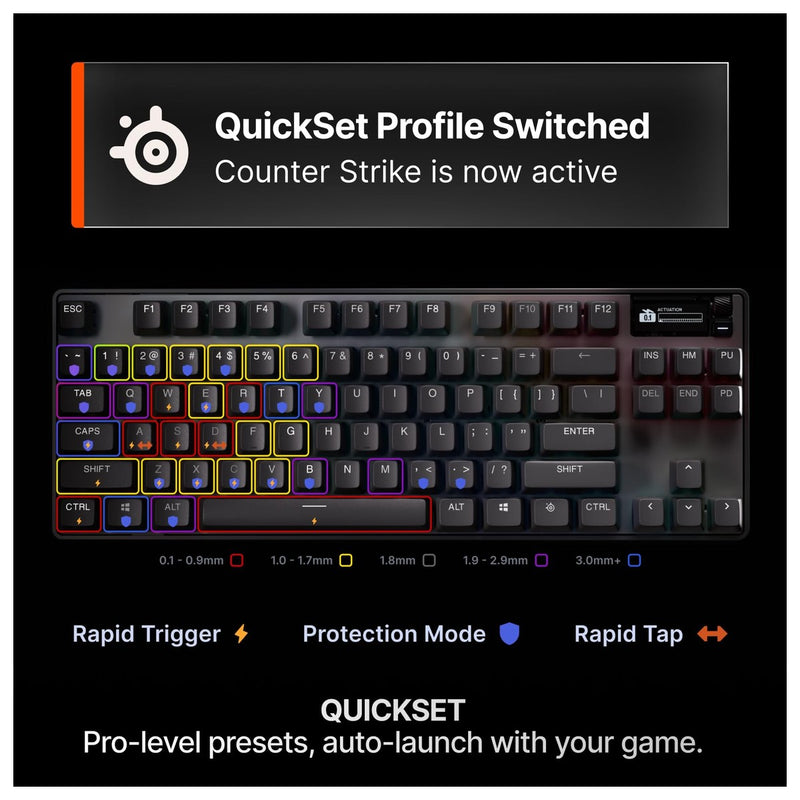 SteelSeries Apex Pro TKL Gen 3 con interruptores Omnipoint, actuación ajustable, rapid trigger, presets para juegos y modo de protección