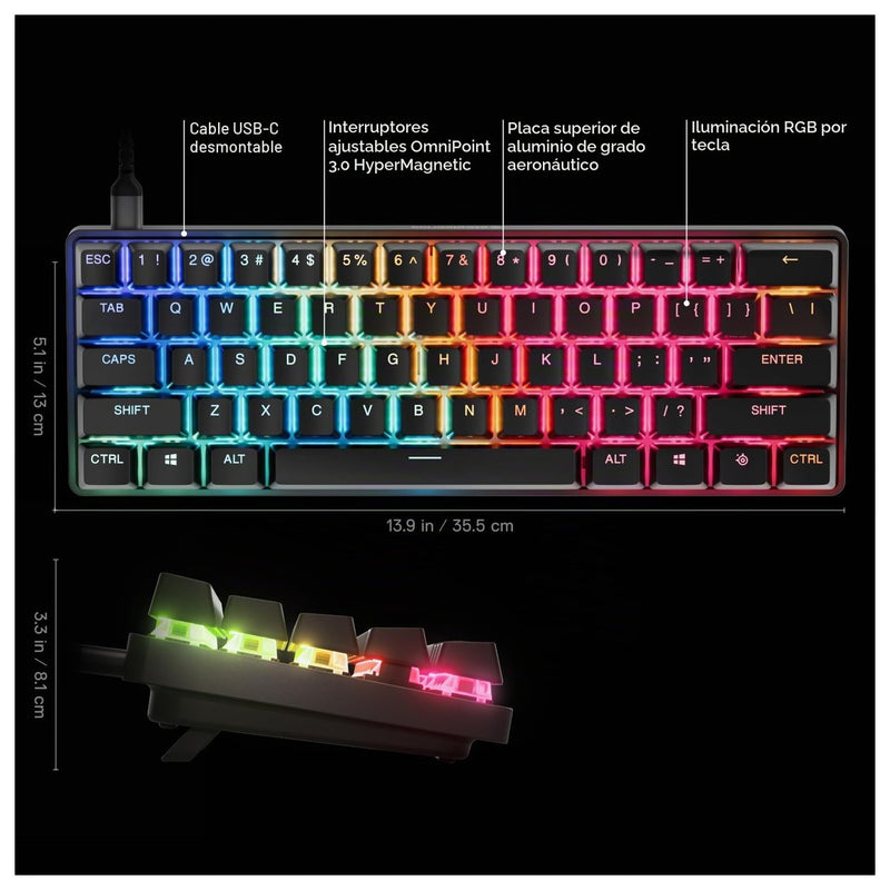 Teclado gaming SteelSeries Apex Pro Mini con interruptores ajustables OmniPoint 3.0, rapid trigger y modo de protección