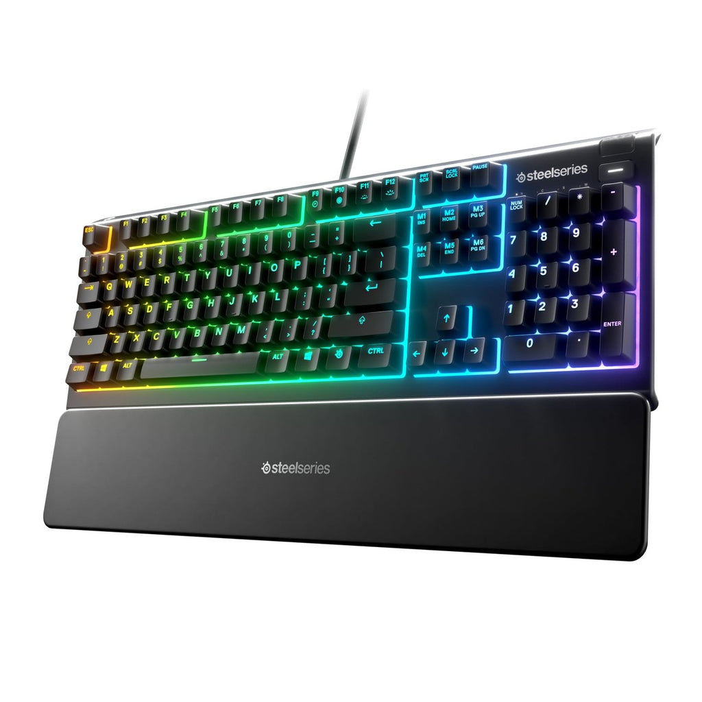 Teclado SteelSeries Apex 3 RGB con iluminación de 10 zonas, resistencia al agua y reposamuñecas magnético para juegos silenciosos