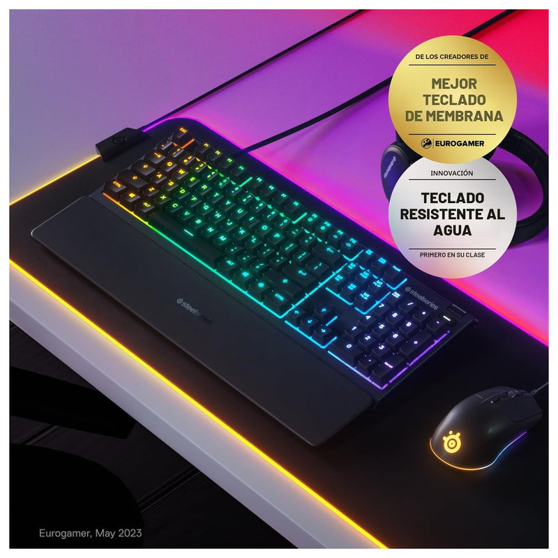 Teclado SteelSeries Apex 3 RGB con iluminación de 10 zonas, resistencia al agua y reposamuñecas magnético para juegos silenciosos