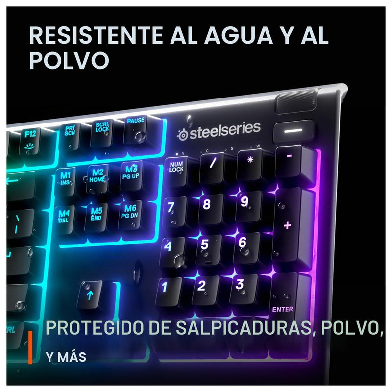 Teclado SteelSeries Apex 3 RGB con iluminación de 10 zonas, resistencia al agua y reposamuñecas magnético para juegos silenciosos