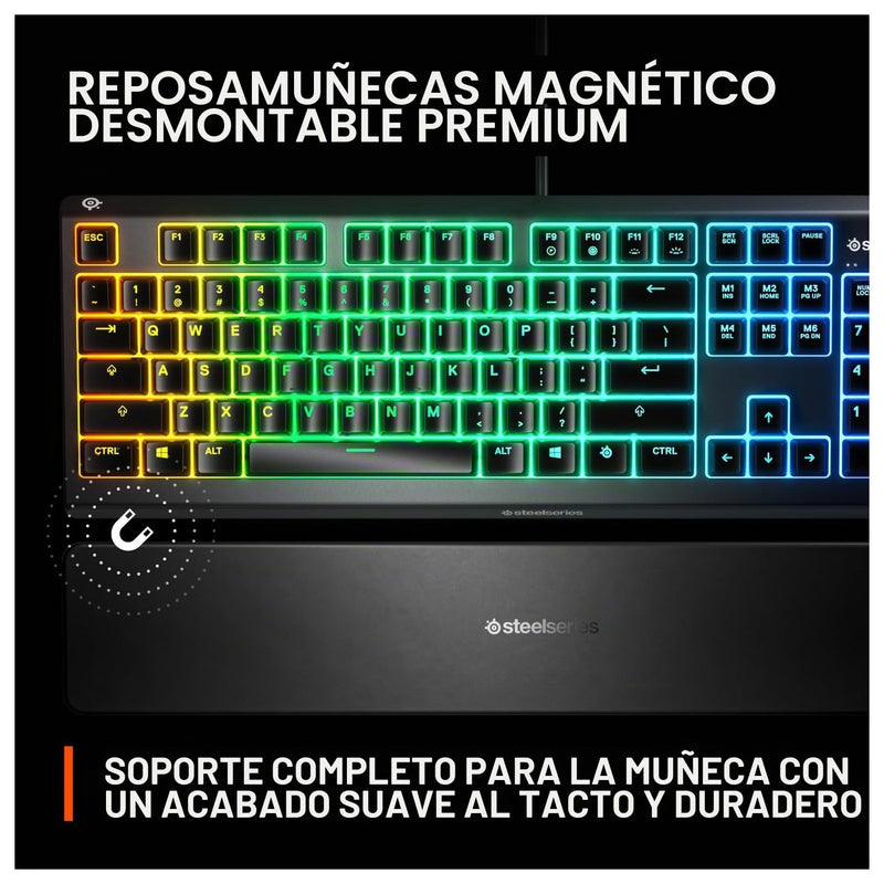 Teclado SteelSeries Apex 3 RGB con iluminación de 10 zonas, resistencia al agua y reposamuñecas magnético para juegos silenciosos