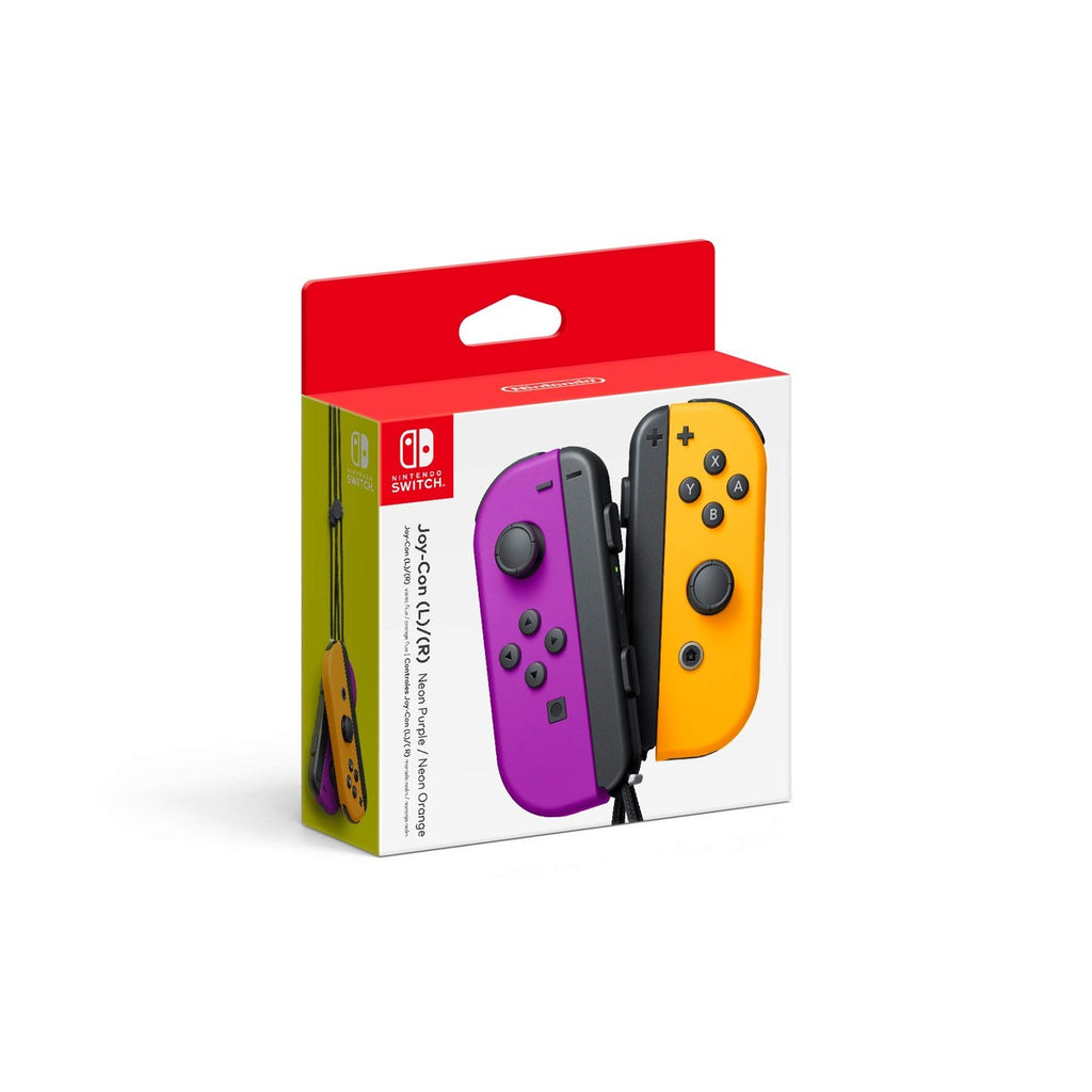 Joy-Con Nintendo Switch colores neón púrpura y naranja, controles inalámbricos con acelerómetro y sensor giroscópico