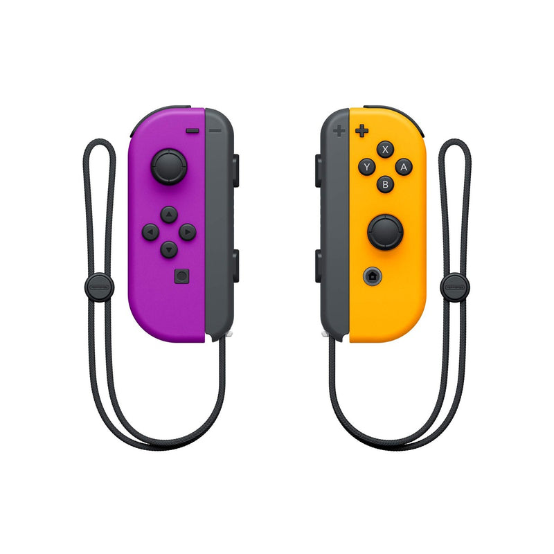 Joy-Con Nintendo Switch colores neón púrpura y naranja, controles inalámbricos con acelerómetro y sensor giroscópico