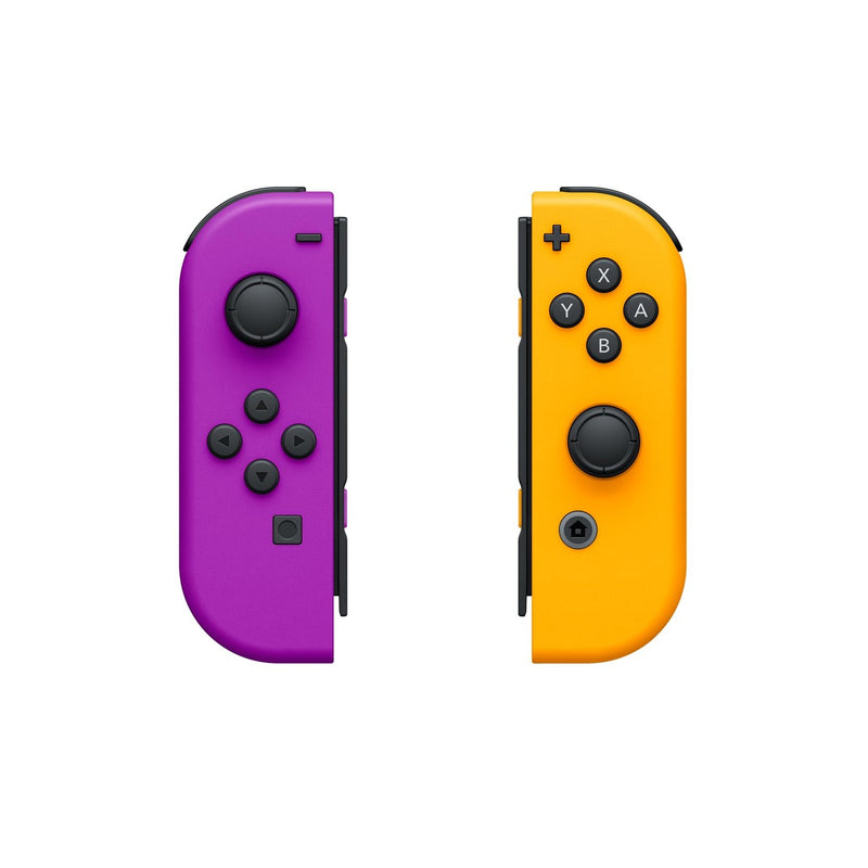 Joy-Con Nintendo Switch colores neón púrpura y naranja, controles inalámbricos con acelerómetro y sensor giroscópico