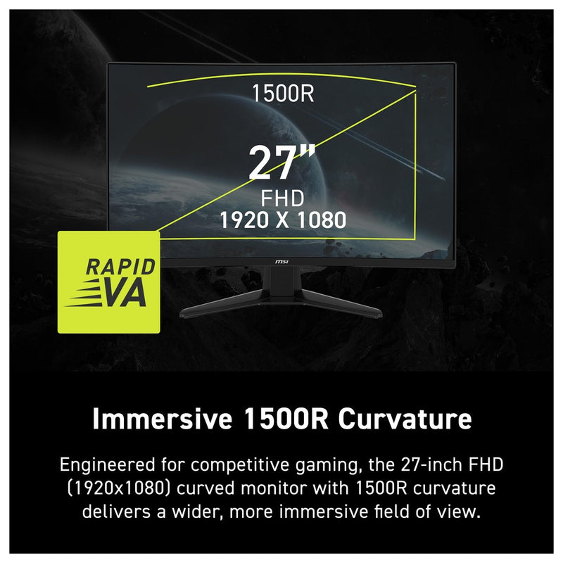 Monitor para juegos MSI MAG 274CF E20 con resolución FHD, 200Hz, 0.5ms, HDR, Adaptive Sync, HDMI y DisplayPort, negro