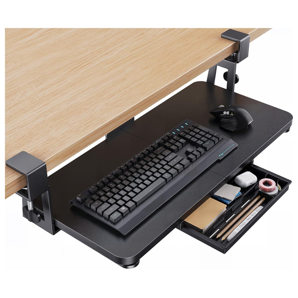 Bandeja para teclado debajo del escritorio HUANUO con soporte resistente de abrazadera en C, plataforma deslizante y cajón de almacenamiento