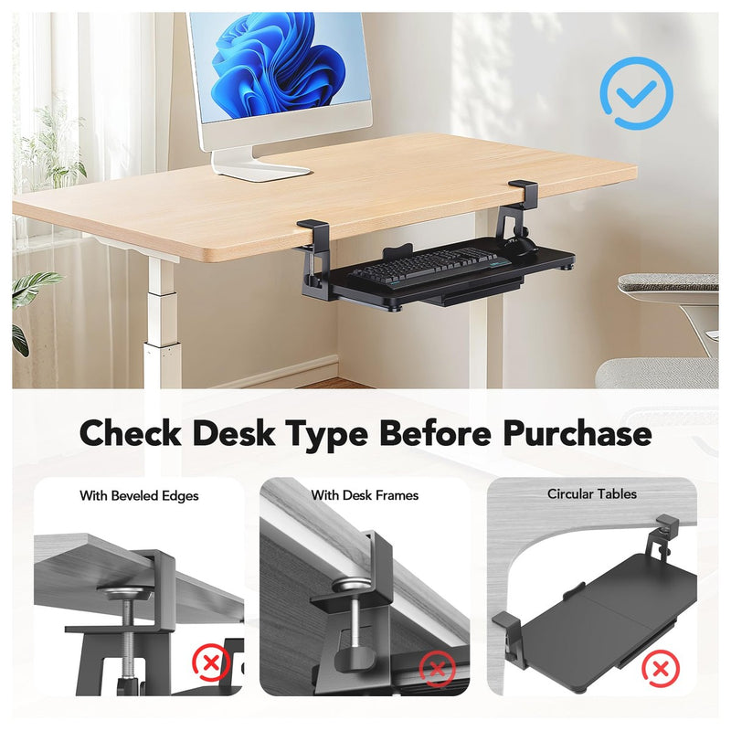 Bandeja para teclado debajo del escritorio HUANUO con soporte resistente de abrazadera en C, plataforma deslizante y cajón de almacenamiento