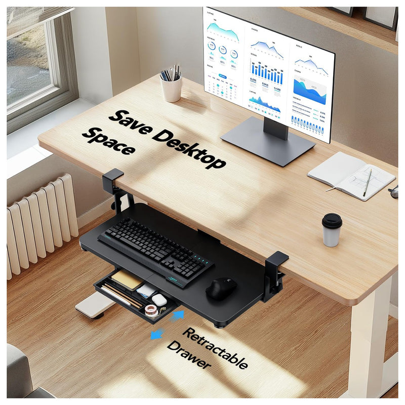 Bandeja para teclado debajo del escritorio HUANUO con soporte resistente de abrazadera en C, plataforma deslizante y cajón de almacenamiento