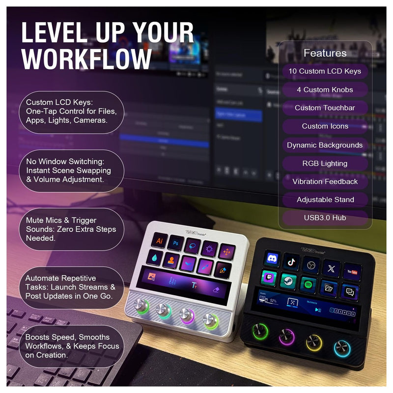 Teclado Macro y Controlador de Deck USB-C con Teclas Programables para Juegos y Streaming, Mezclador de Audio y Más