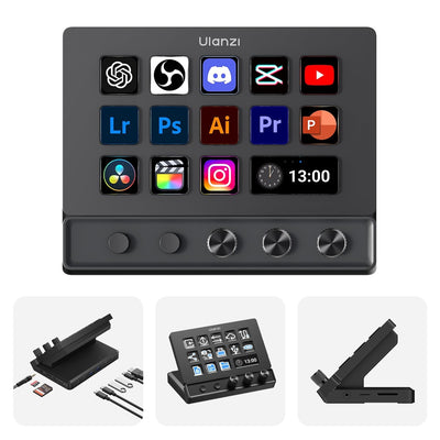 ULANZI D200X Creative Deck - Teclado macro con 14 teclas LCD, 3 perillas de codificador y concentrador 8 en 1 para edición de video
